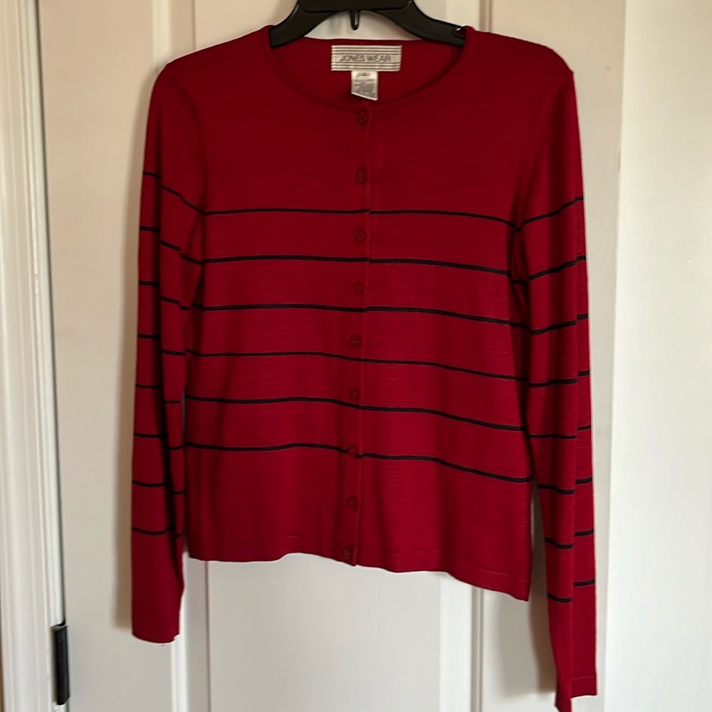 Jones wear red cardigan
